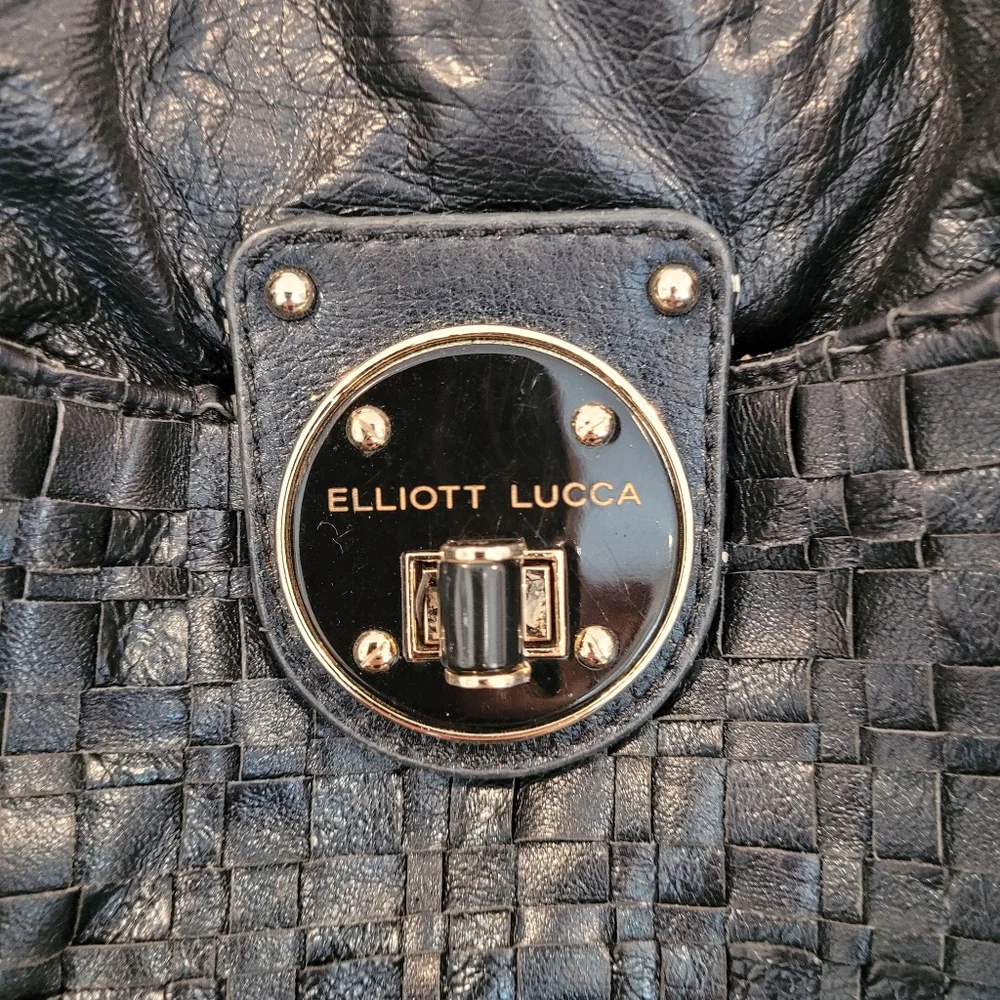 Elliott Lucca Shoulder Bag Black Leather Woven Front Large Satchel Pocke…